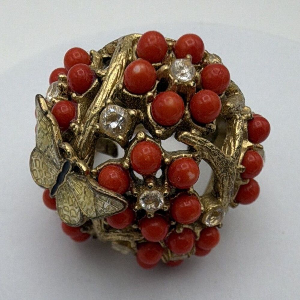 Vintage Gold Tone Statement Ring Orange Round Bead Diamanté Accents Size 8 Adj